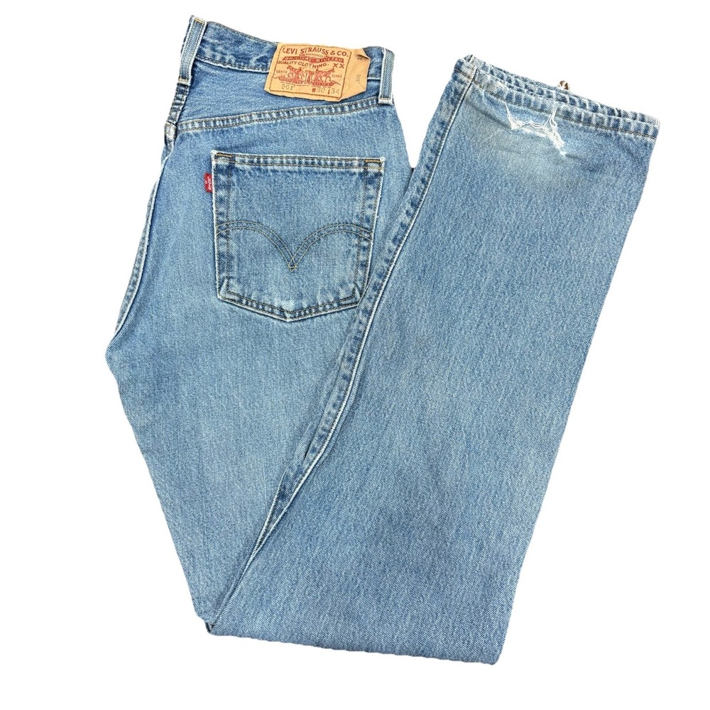 Levi's 501 Button Fly Jeans Mens 30x34 Light Blue Distressed Denim